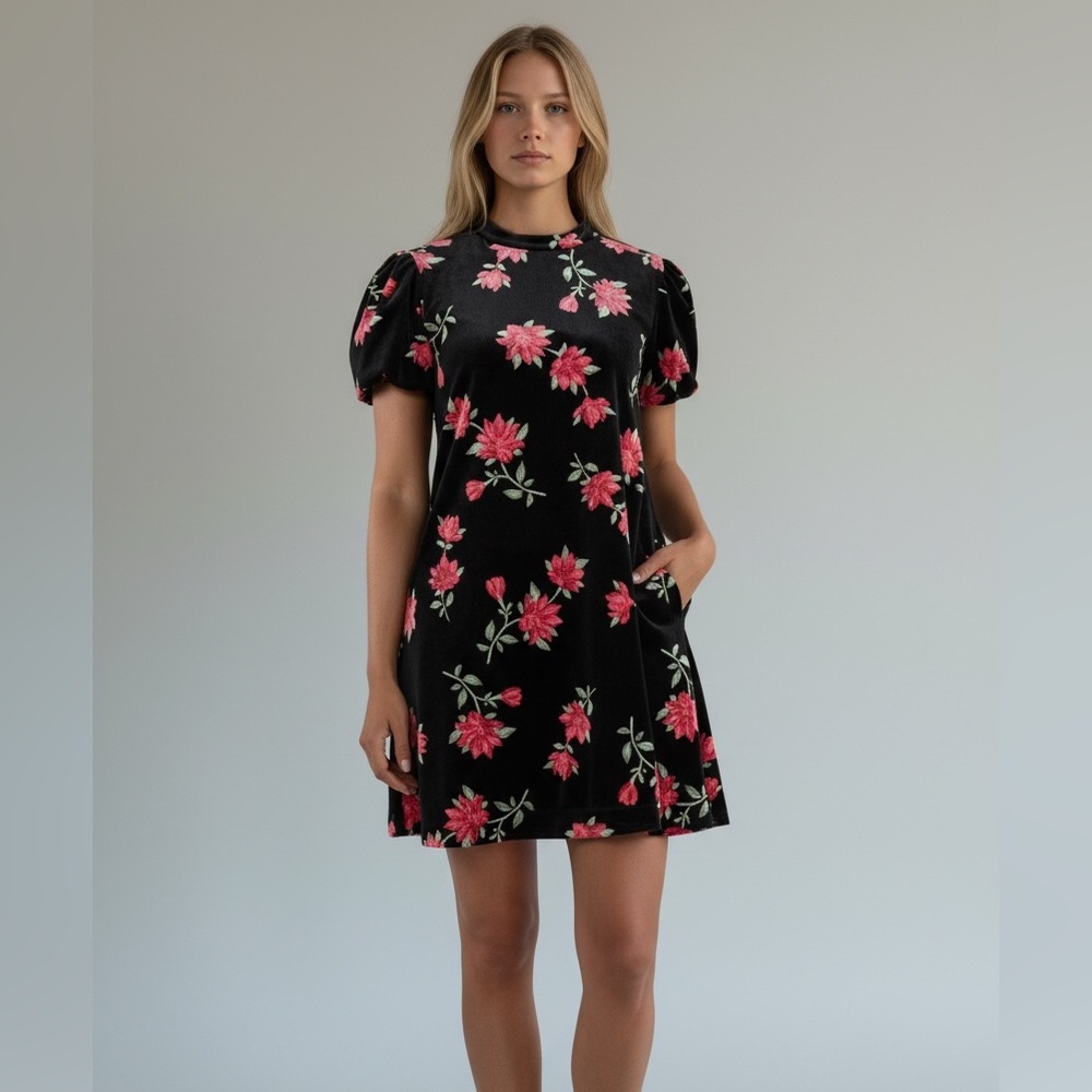 Draper James RSVP Black Red Floral Velvet Shift Short Sleeve Dress  XL NWOT